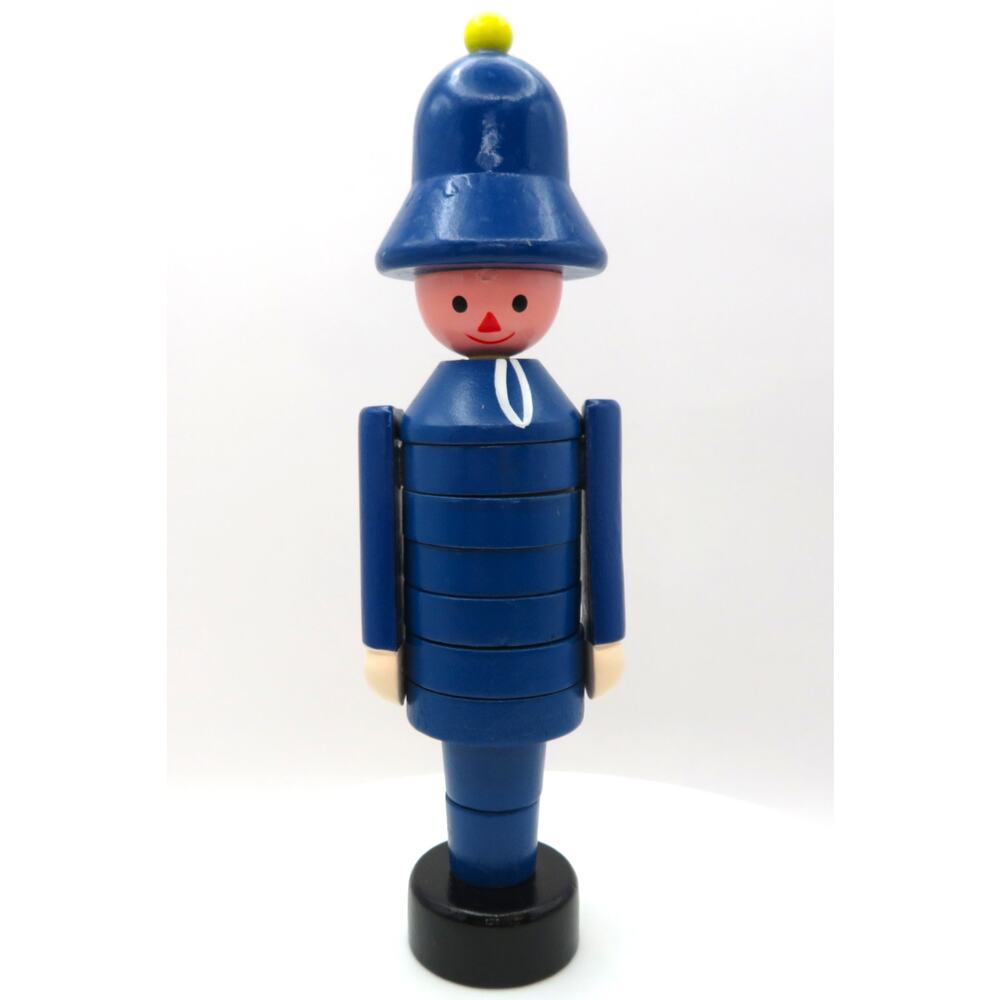 Vintage Wooden Toy Soldier Bobby Figure Stacking Ring Blue Peg Doll Scandi-Style